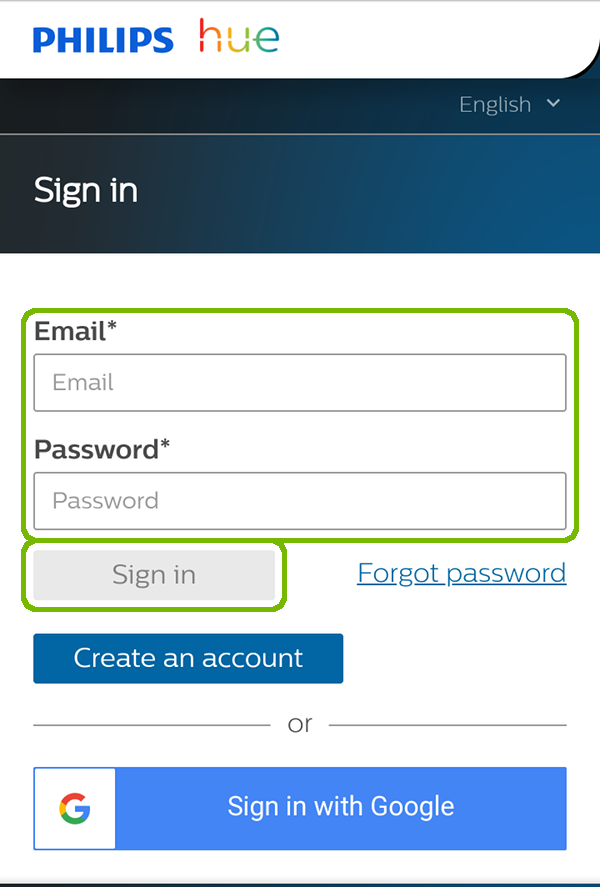 Philips Hue account sign in with email, password, and sign in button highlighted.