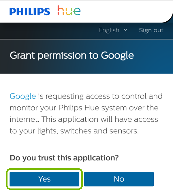 Grant Hue permission to Hue with Yes highlighted.