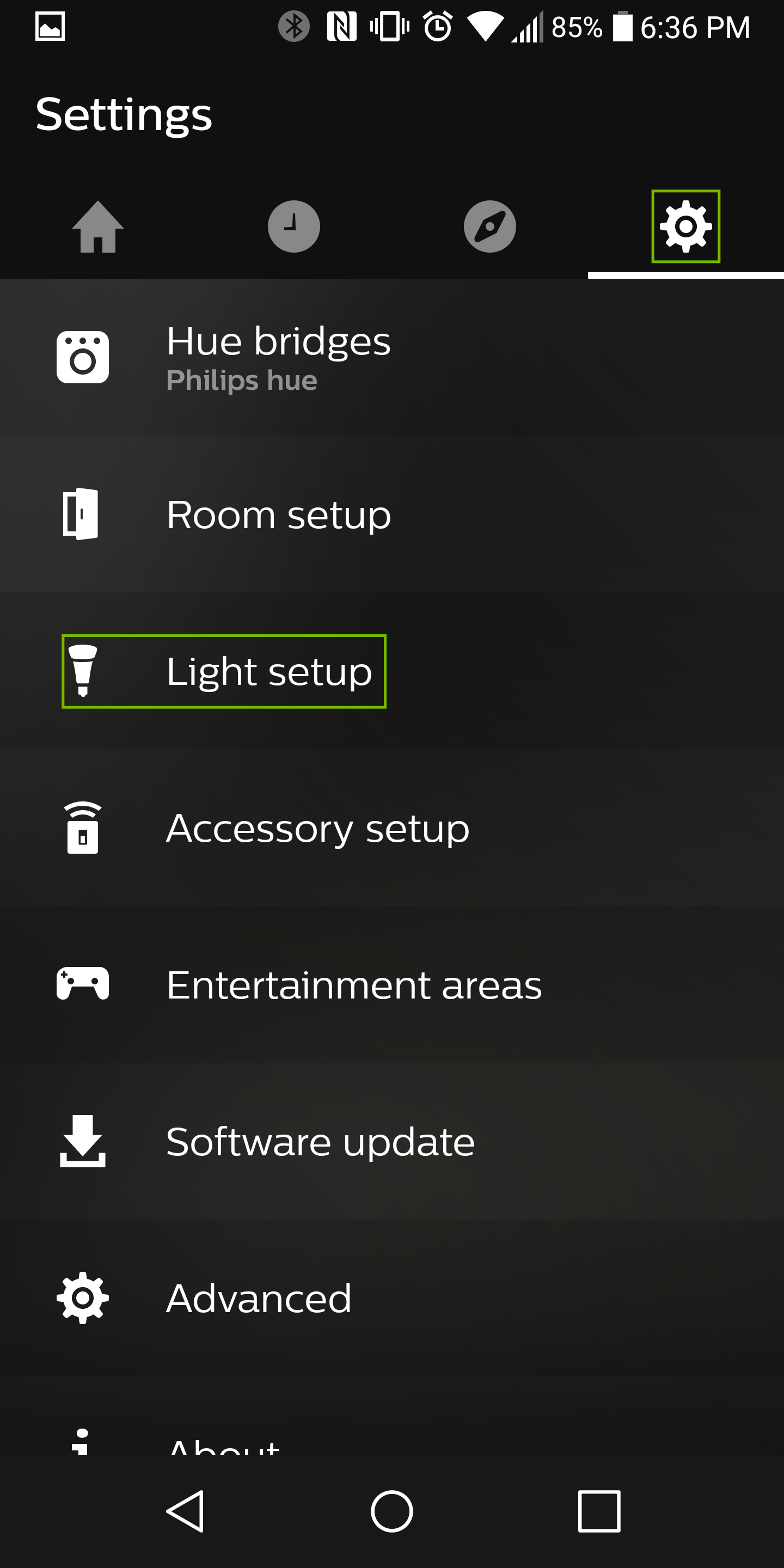 settings with light setup highlighted