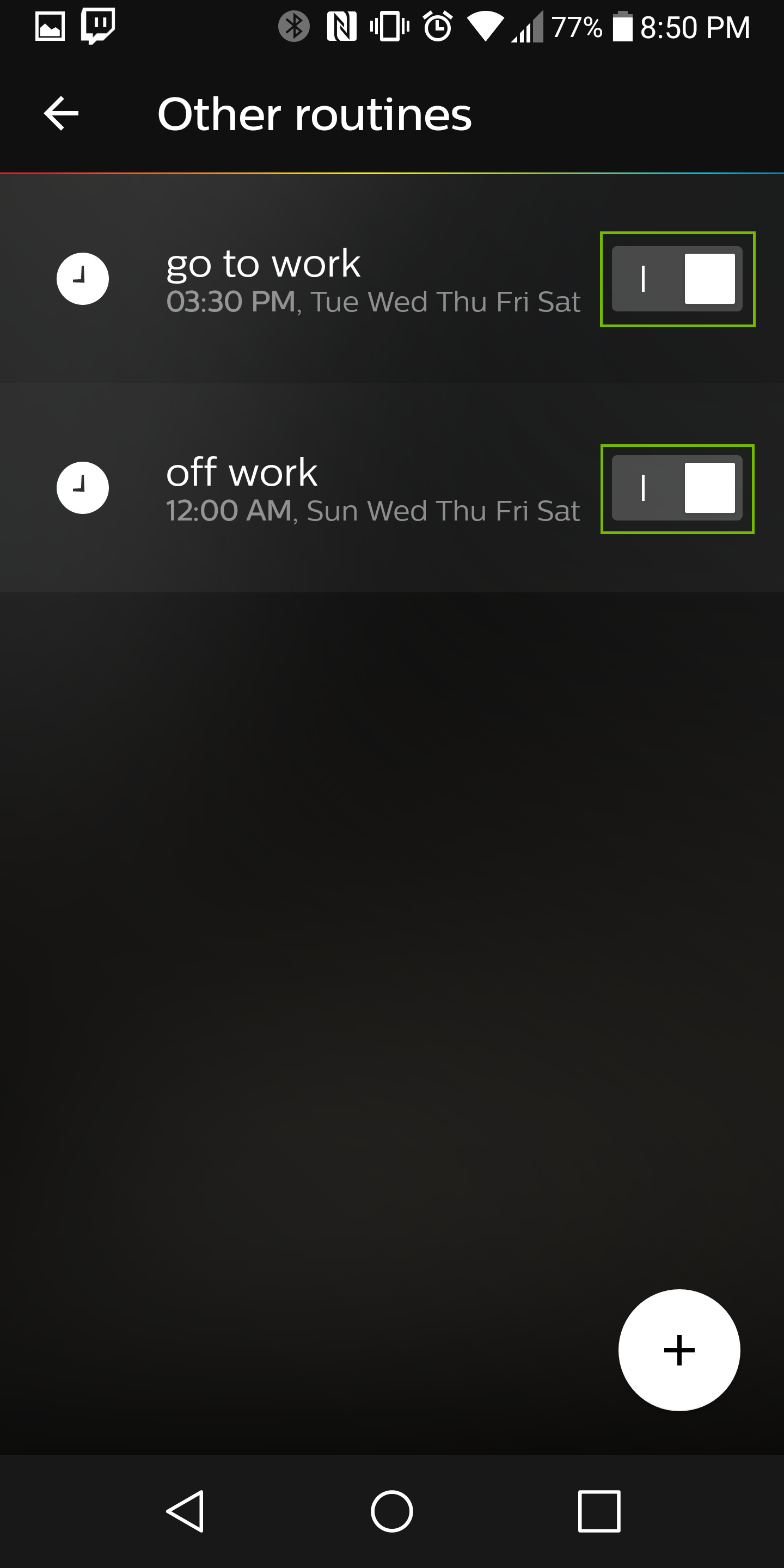 on off toggles for other routines highlighted