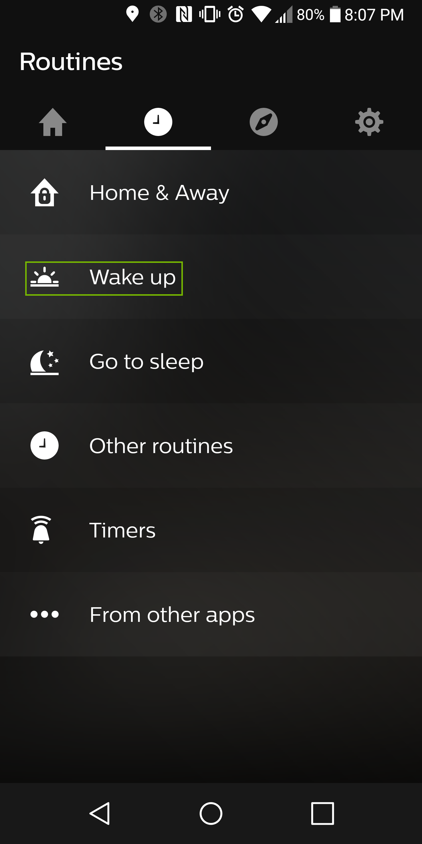 routines wake up menu highlighted