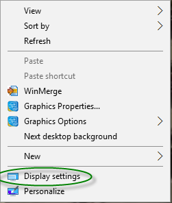 A windows 10 right click menu with display settings circled.
