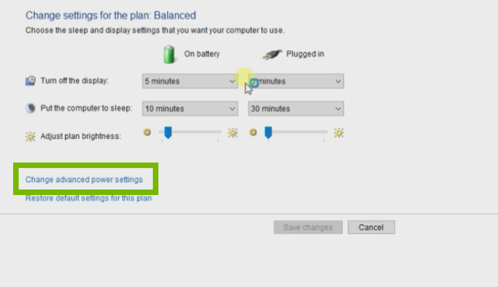 Windows 10 change power settings screen with change advanced power settings highlighted.