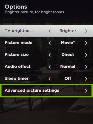 Advanced Picture Settings option highlighted on Options screen.