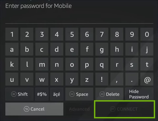 Password entry with Connect highlighted.