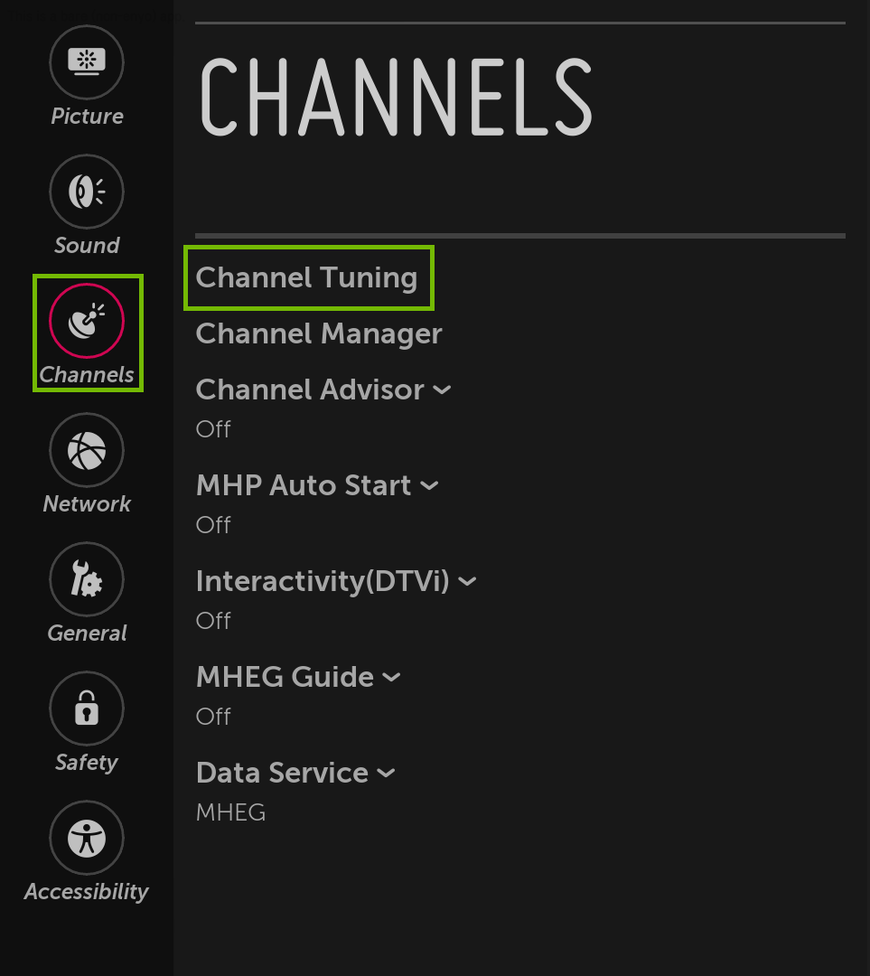 Channels menu with Channel Tuning highlighted.