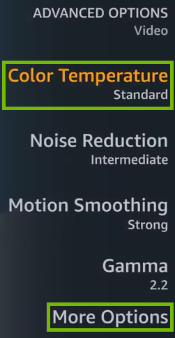 Advanced Options with Color Temperature and More Options highlighted.