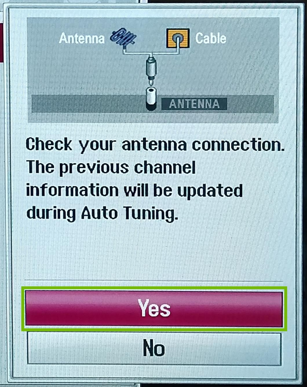 Auto tuning dialog with Yes highlighted.