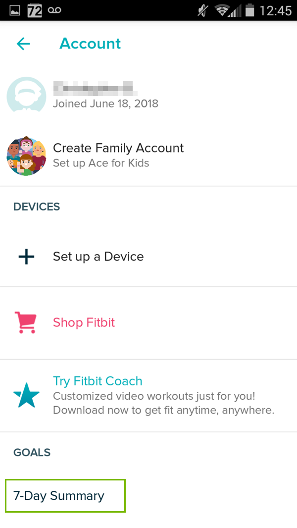 Fitbit app with 7-Day Summary highlighted. Screenshot