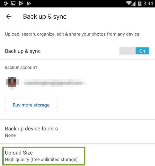 Upload size selected
