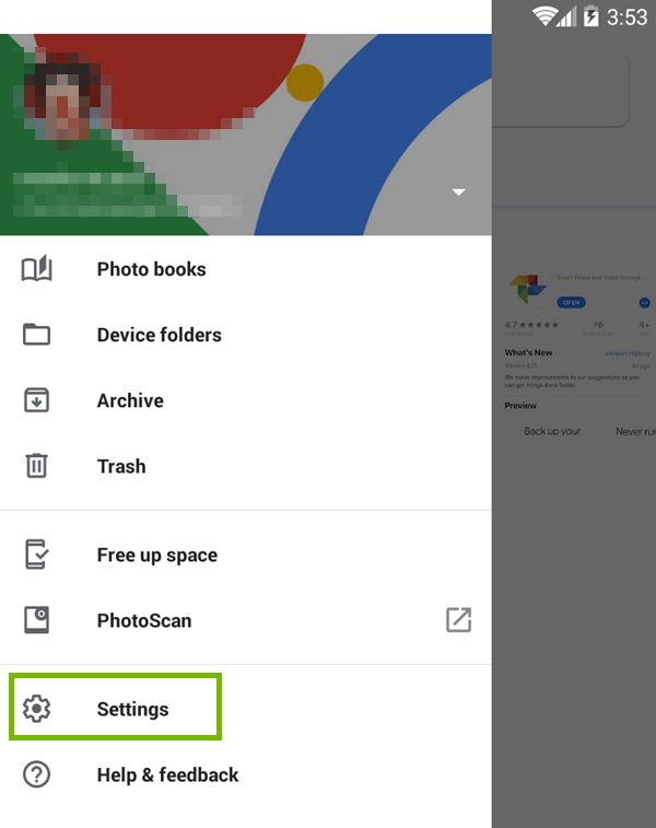 Google Photos menu showing Settings selected
