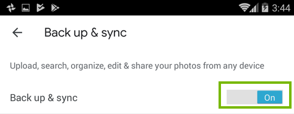 Turning backup and sync on in Google Photos