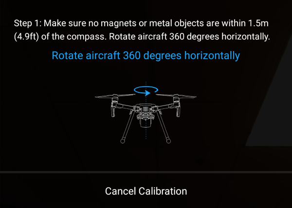 DJI drone compass calibration instructions shown in the DJI GO 4 app.