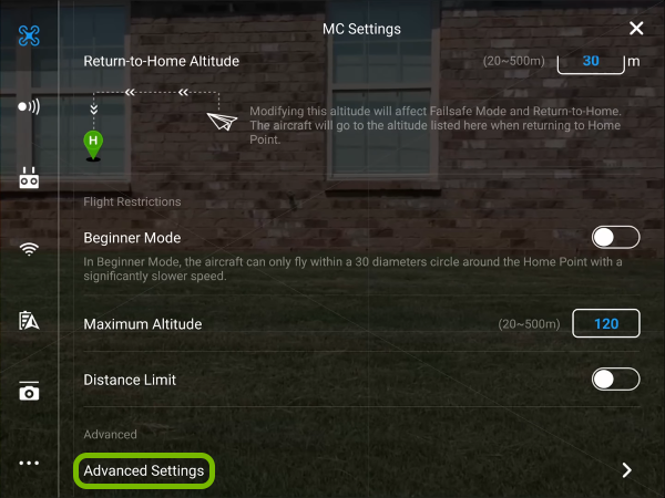 Advanced Settings option highlighted in DJI GO 4 app settings.