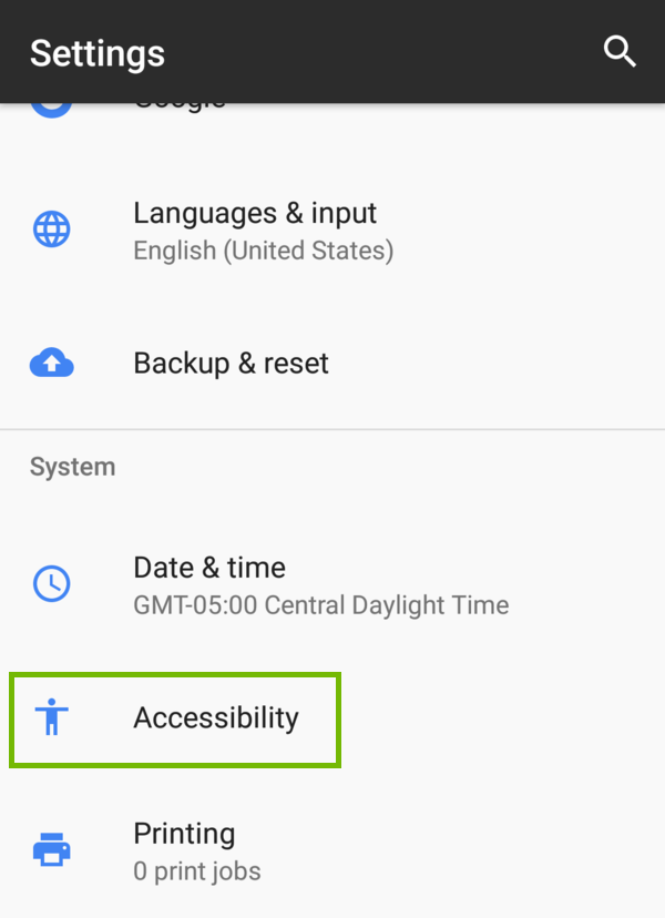 Settings with Accessibility highlighted.