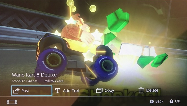 Nintendo Switch screenshot showing the options to post, add text, copy, and delete the capture.