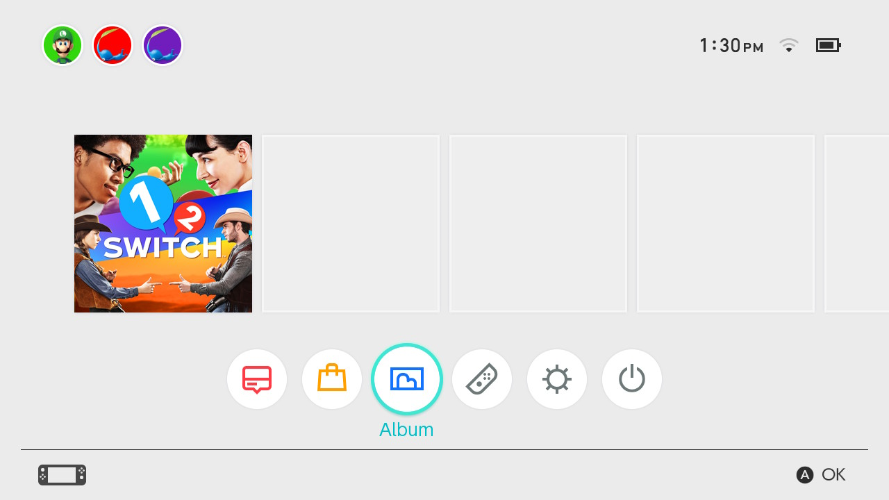 Nintendo switch home menu showing album highlighted.