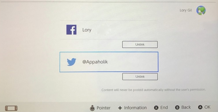 Nintendo Switch screen showing a choice between facebook and twitter.