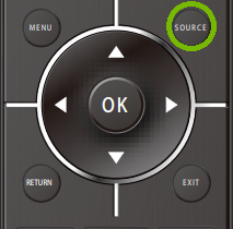 Remote with Source button highlighted. Illustration