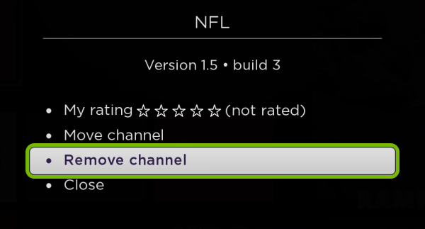 Remove channel option highlighted for selected app on Roku.