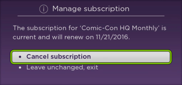Cancel subscription option highlighted for selected app on Roku.