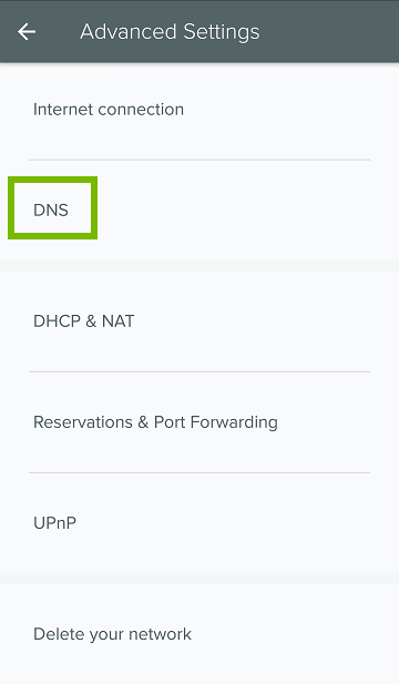 Advanced settings menu showing DNS selected