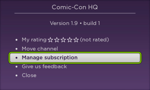 Manage subscription option highlighted for selected app on Roku.
