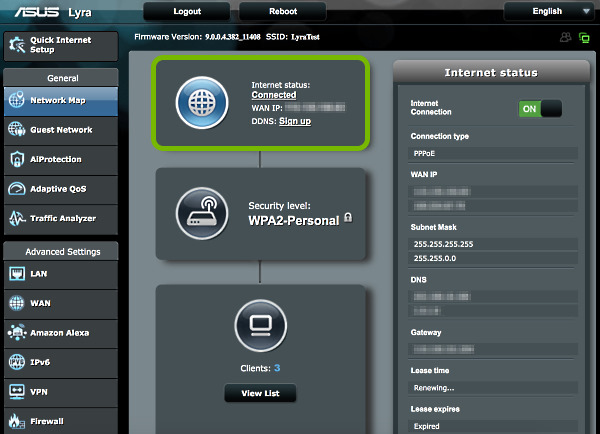 Network status showing in the ASUS Lyra web interface.
