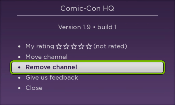 Remove channel option highlighted for selected sub-based app on Roku.