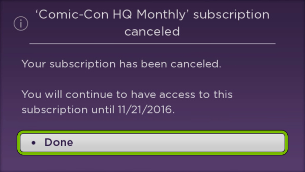 Done option highlighted after cancelling subscription for selected app on Roku.