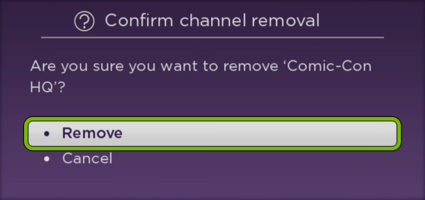 Remove option highlighted for selected sub-based app on Roku.
