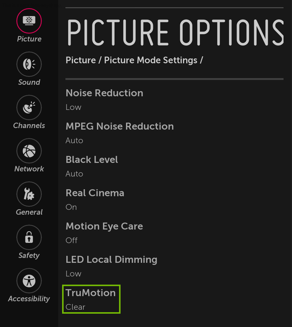 Picture Options menu with TruMotion highlighted.