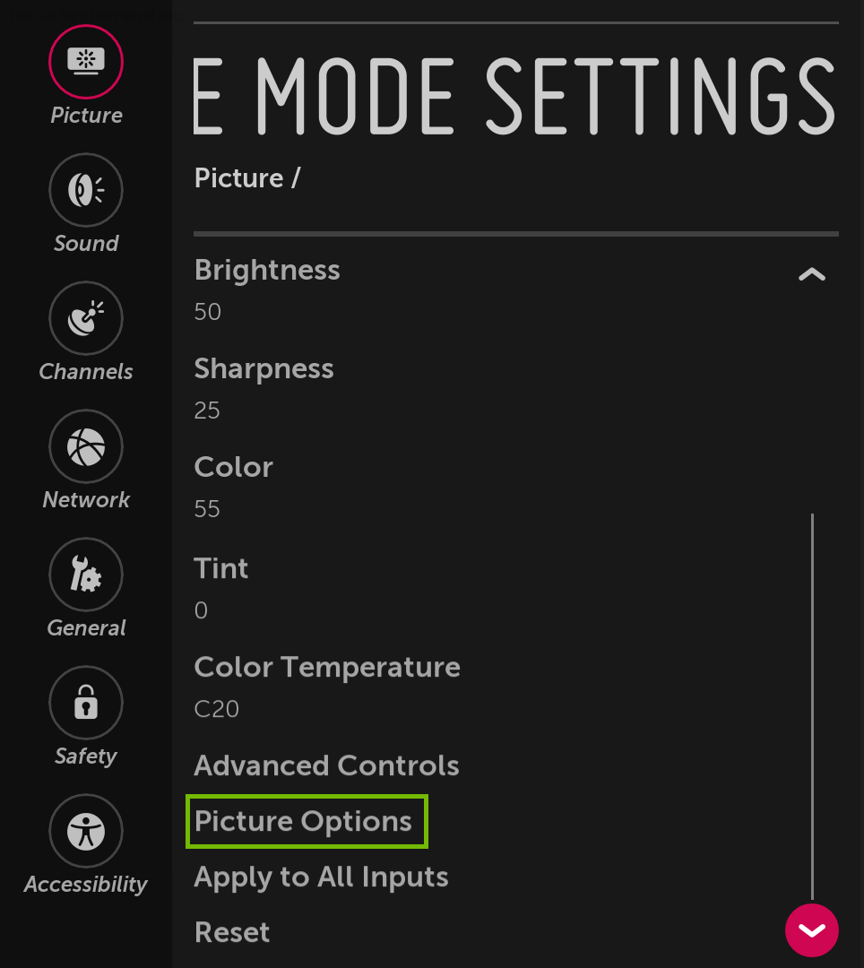 Picture Mode Settings menu with Picture Options highlighted.
