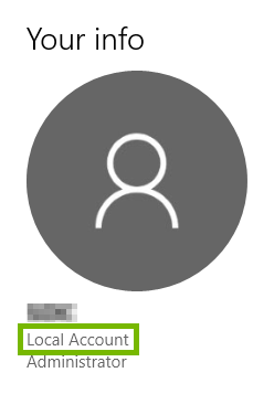 Local Account highlighted under Your info in Windows 10 account settings.