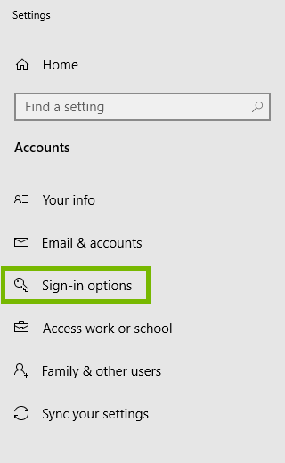 Sign-in options highlighted in Windows 10 settings.