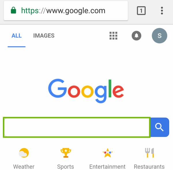 Google Homepage with search box highlighted.