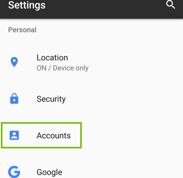 Android Settings with Accounts highlighted.