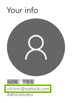 Email address associated with Microsoft Account highlighted under Your info in Windows 10 account settings.