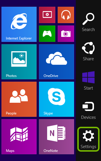 Settings option highlighted in Charms bar of Windows 8.