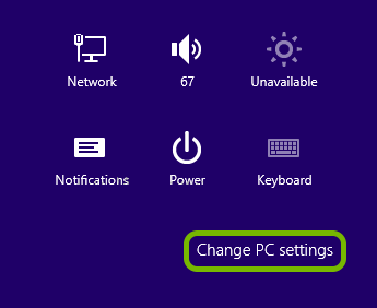 Change PC Settings option highlighted in Windows 8 settings.