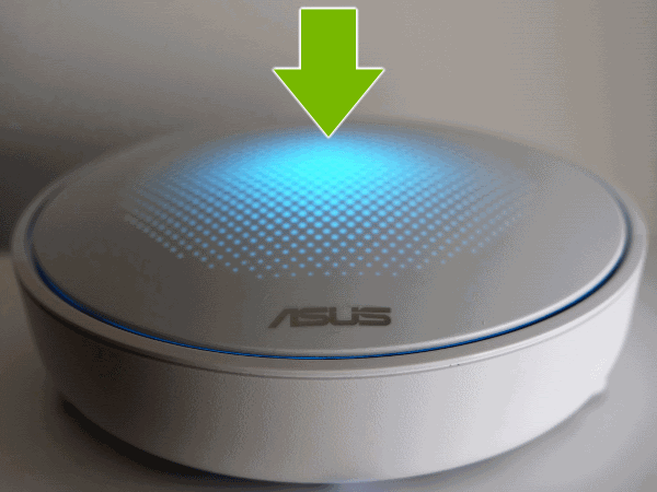 Blue light pointed out on top of ASUS Lyra hub.