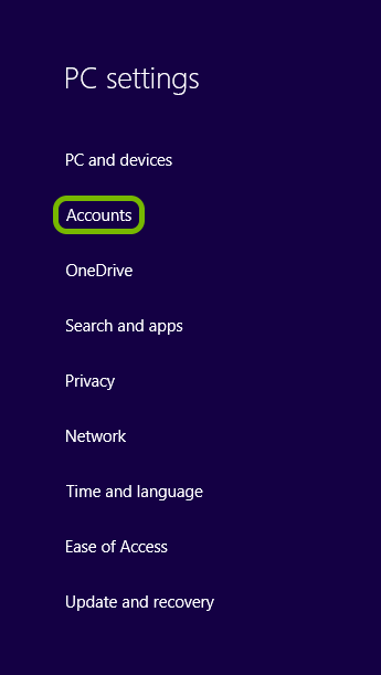 Accounts option highlighted in Windows 8 settings.