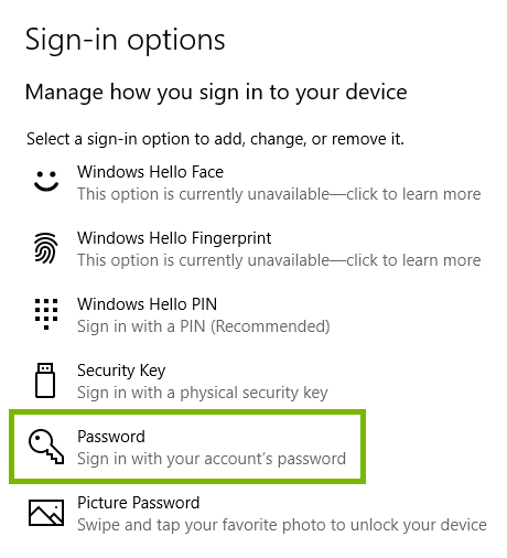 Password option highlighted in Windows 10 Sign-in options.