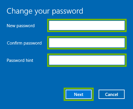 New password, Confirm password and Password hint fields, and Next button highlighted for local account password change in Windows 10.