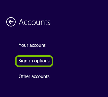 Sign-in options highlighted in Windows 8 account settings.