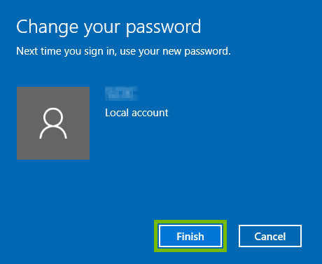 Finish button highlighted on the local account password change confirmation screen in Windows 10.
