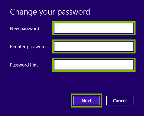 New password, Reenter password and Password hint fields, and Next button highlighted for local Windows account password change in Windows 8.