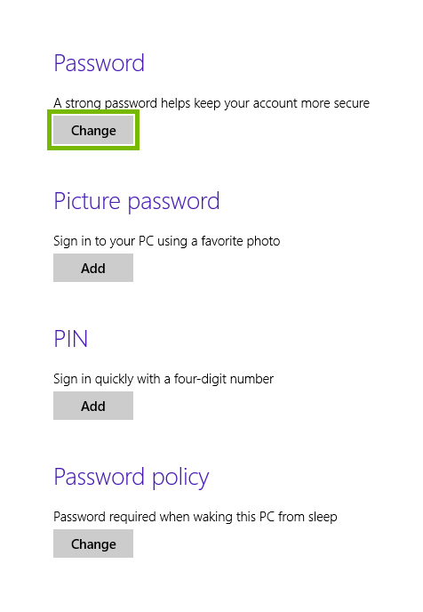Change button highlighted in Windows 8 Sign-in options.
