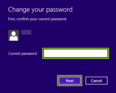 Password field and Next button highlighted on local Windows account verification screen in Windows 8.