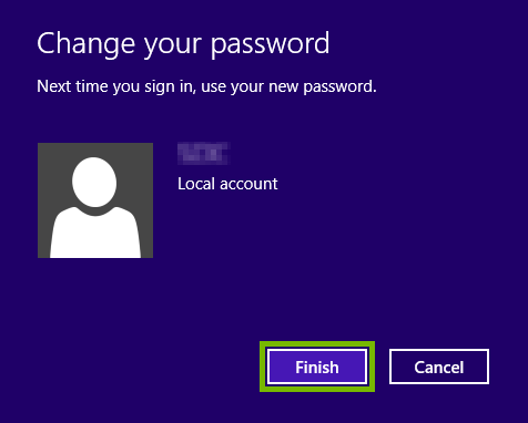 Finish button highlighted on the local Windows account password change confirmation screen in Windows 8.